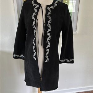 Alexa Chung for AG black suede coat with white embroidery.